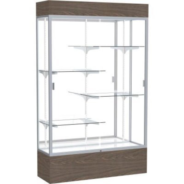 Waddell Display Case Of Ghent Reliant Lighted Display Case 48"W x 80"H x 16"D Walnut Base Mirror Back Satin Natural Frame 2174MB-SN-WV
